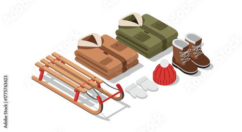 Isometric winter essentials coats, boots, sled, mittens, and beanie