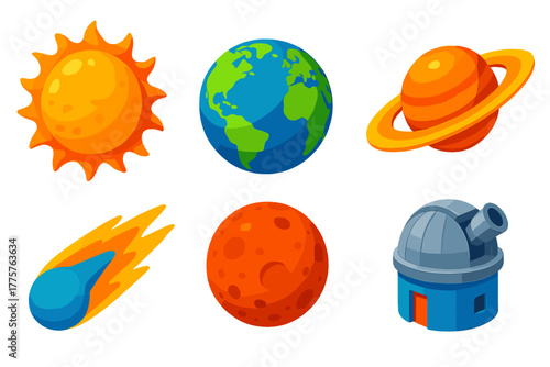 Vivid Astronomy Icons. Isometric vector illustration set Astronomy Icons: hot sun, rotating earth, cratered mars, saturn with wide