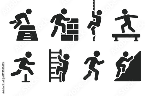 Obstacle Course Icons. Solid style icons of Obstacle Training: Vault Box, Wall, Rope, Balance Beam, Ladder, Jump, Climb, Run, No
