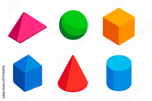 Vibrant 3D Geometric Shapes. Isometric vector illustration set 3D Shapes: triangular prism, circular sphere, cubic square,