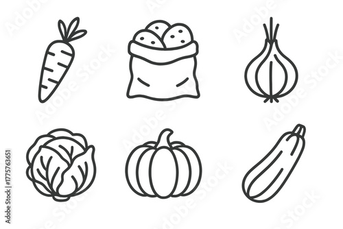 Line Art Vegetables. Line style icons of vegetable harvest: carrot, potato sack, onion bulb, cabbage, pumpkin, zucchini. No text,