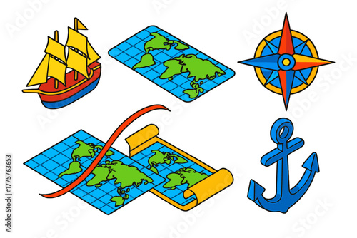 Vibrant Nautical Icons. Isometric vector illustration set Mercator Projection: Ship, Rhumb Line, Compass Rose, World Map, Map