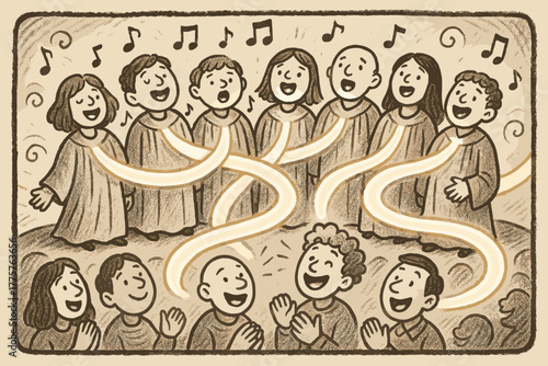 Choir of Glowing Ribbons. A doodle scene of a smiling choir singing with hwyl, their voices turning into glowing ribbons wrapping