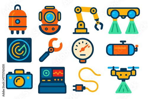 Deep Sea Icons. Flat vector icons of deep sea exploration: diving bell, deep sea diver helmet, ROV robot arm, underwater lights,