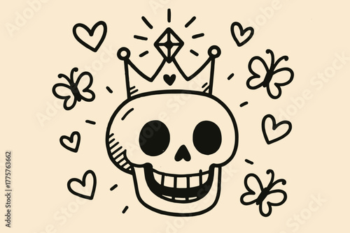 Regal Skull Doodle. A doodle illustration of a happy skull wearing a crown, with the bregma marked by a shining jewel, while