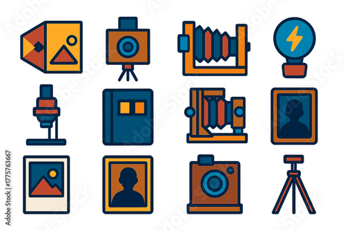 Photography History Icons. Flat vector icons of photography history: camera obscura, daguerreotype camera, folding bellows camera,