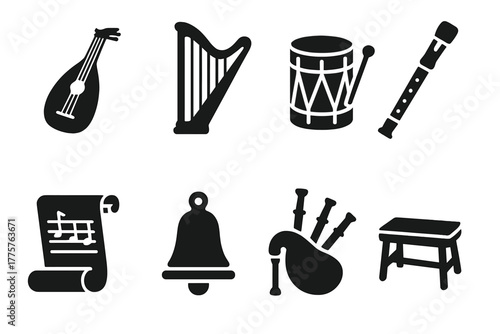 Medieval Music Icons. Solid style icons of Medieval Music: Lute, Harp, Drum, Recorder Flute, Sheet Music Scroll, Bell, Bagpipe,