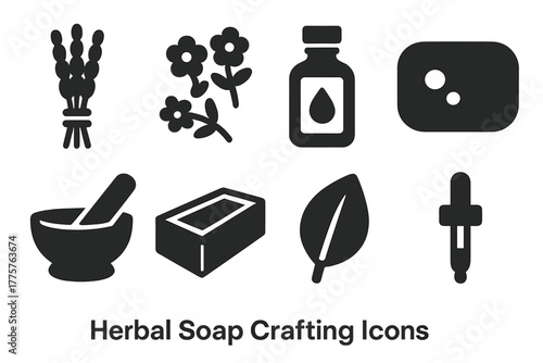 Herbal Soap Crafting Icons. Solid style icons of Herbal Soap Crafting: Lavender Bundle, Dried Flowers, Essential Oil Bottle, Soap