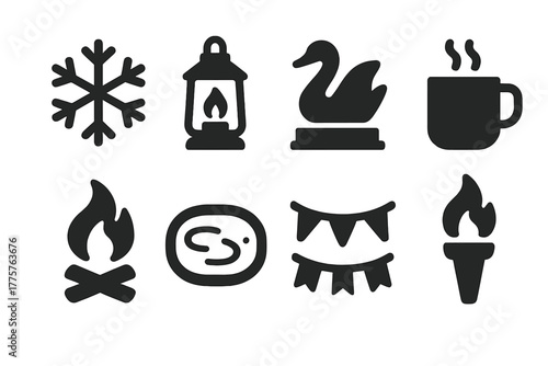 Winter Festival Icons. Solid style icons of Winter Festival: snowflake, lantern, ice sculpture, hot drink, fire pit, skating rink,