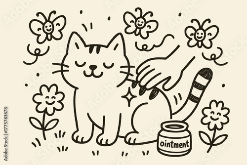 Enchanted Cat Care. A doodle illustration of a friendly cat being gently rubbed with magical ointment, surrounded by giggling