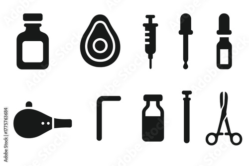 Early Anesthesia Icons. Solid style icons of Early Anesthesia: Ether Bottle, Mask, Syringe, Dropper, Vial, Bellows, Glass Tube,