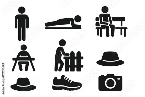 Trendy Outdoor Icons. Solid style icons of Trendy Outdoor Poses: Rigid Body, Face Down, Bench, Table, Fence, Hat, Shoes, Camera,