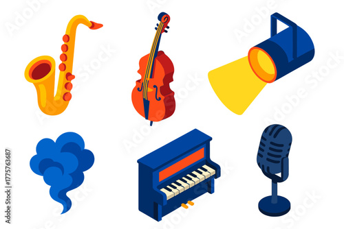 Isometric Jazz Instruments. Isometric vector illustration set Jazz Club: Saxophone, Double Bass, Spotlight, Smoke, Piano,