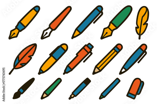 Vibrant Writing Tools. Flat vector icons of journaling tools: fountain pen, dip pen with nib, ballpoint pen, calligraphy pen,