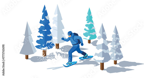 Winter adventure snowshoeing in isometric forest with snowcovered pines