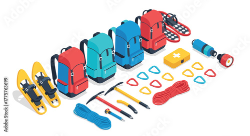 Outdoor adventure gear in isometric style featuring backpacks, climbing equipment, and snowshoes