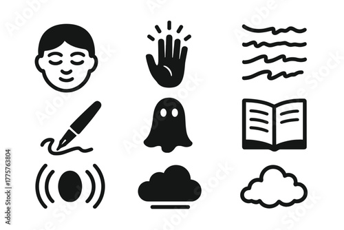 Psychic Symbols Icons. Solid style icons of Psychic Channeling: Closed Eyes, Glowing Hand, Flowing Script, Vibrating Pen, Spirit