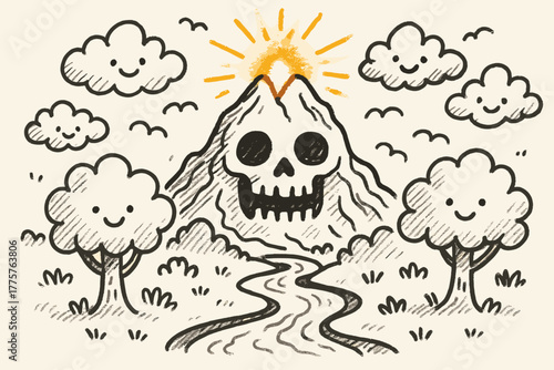 Skull Mountain Doodle. A doodle scene of a skull-shaped mountain with a glowing bregma peak, while happy trees, clouds, and rivers