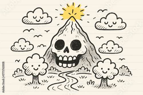 Skull Mountain Doodle. A doodle scene of a skull-shaped mountain with a glowing bregma peak, while happy trees, clouds, and rivers