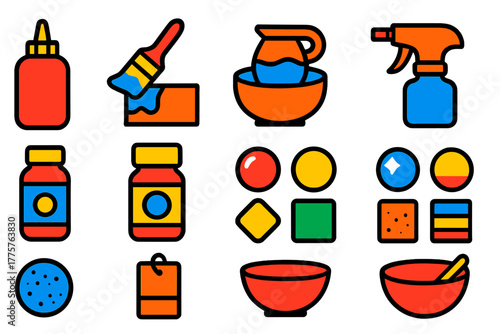 Glaze Icon Collection. Flat vector icons of glazes: glaze bottle, brush applying glaze, dipping pot in glaze, spray glaze gun,