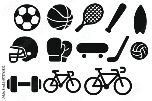 Sports Equipment Icons. Solid style icons of sports equipment: soccer ball, basketball, tennis racket, baseball bat, football