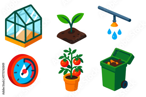 Isometric Greenhouse Icons. Isometric vector illustration set Small Scale Greenhouse: glass window panels, sprout in soil, spray