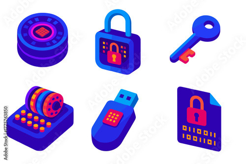 Digital Cryptography Icons. Isometric vector illustration set Digital Cryptography: futuristic cipher, smart lock, modern key,