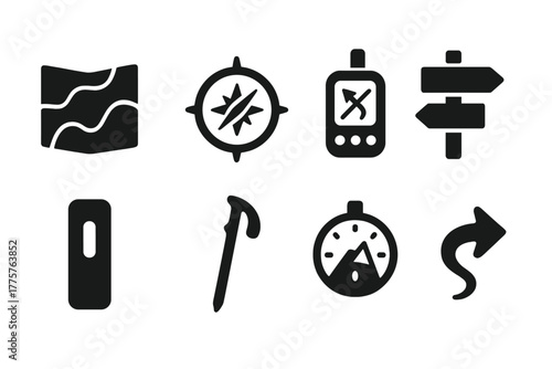 Outdoor Navigation Icons. Solid style icons of outdoor navigation: topographic map, compass rose, GPS device, signpost, trail