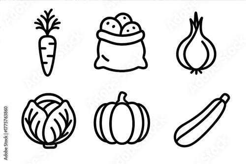 Line Art Vegetables. Line style icons of vegetable harvest: carrot, potato sack, onion bulb, cabbage, pumpkin, zucchini. No text,