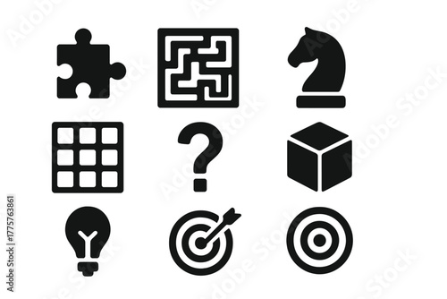 Brain Game Icons. Solid style icons of Brain Games: Puzzle Piece, Maze, Chess Knight, Sudoku Grid, Question Mark, Cube, Light Bulb