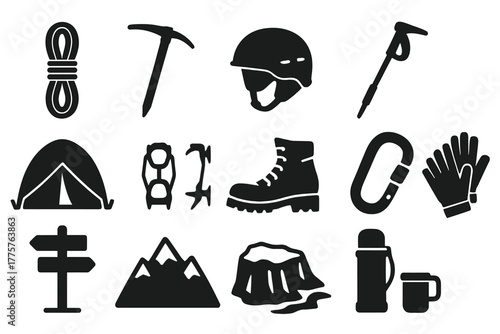 Mountain Camping Icons. Solid style icons of mountain camping: climbing rope, ice axe, helmet, hiking stick, snow tent, crampons,