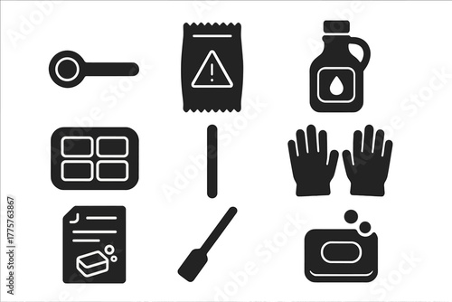 DIY Soap Kit Essentials. Solid style icons of DIY Soap Kit: Measuring Spoon, Lye Packet, Oil Bottle, Soap Mold, Stirring Stick,