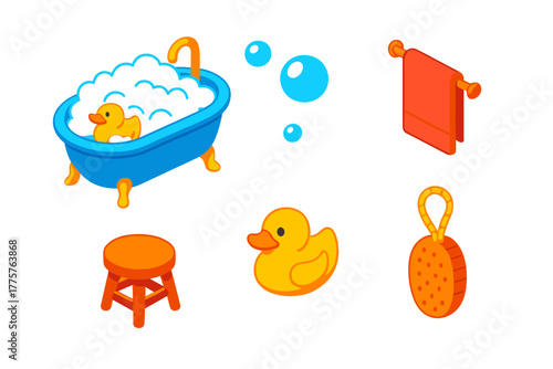 Cozy Bath Essentials. Isometric vector illustration set Cozy Bath Time: clawfoot bathtub, rubber duck, floating bubbles, hanging