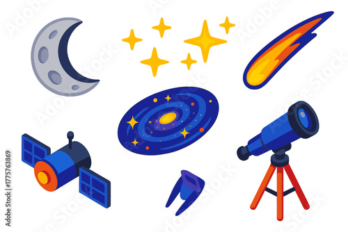 Galactic Night Vibes. Isometric vector illustration set Space Night Sky: silver moon, twinkling stars, wide galaxy, comet streak,