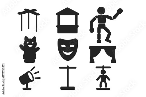 Puppetry Icons Collection. Solid style icons of Puppetry: Puppet Strings, Stage, Wooden Marionette, Hand Puppet, Mask, Curtain,
