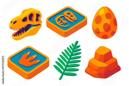Vibrant Ancient Reptiles. Isometric vector illustration set Ancient Reptiles: T-Rex skull, fossil plate, spotted egg, footprint