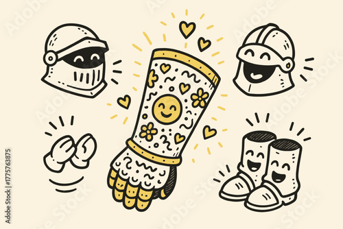 Cheerful Armor Ensemble. A doodle illustration of a vambrace decorated with happy patterns, glowing with tiny hearts while
