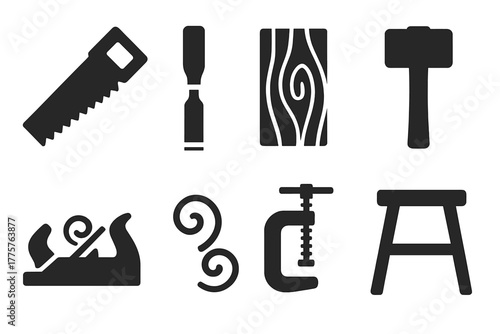 Woodworking Tools Icons. Solid style icons of woodworking: saw, chisel, wood plank, mallet, plane tool, shavings, clamp, wooden