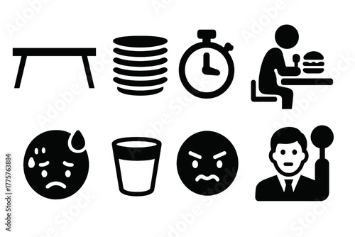 Eating Contest Icons. Solid style icons of Endurance Eating: Long Table, Stacks of Plates, Timer, Competitor, Sweating Face, Cup