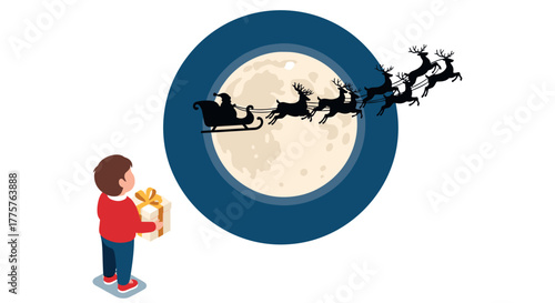 Child watching santa's sleigh silhouette against full moon in festive night sky