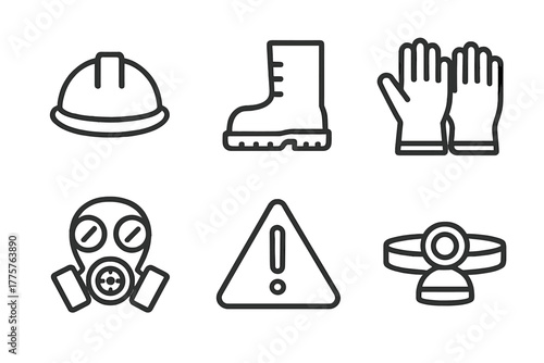 Mining Safety Icons. Line style icons of safety in mining: helmet, protective boots, gloves, gas mask, warning sign, headlamp. No