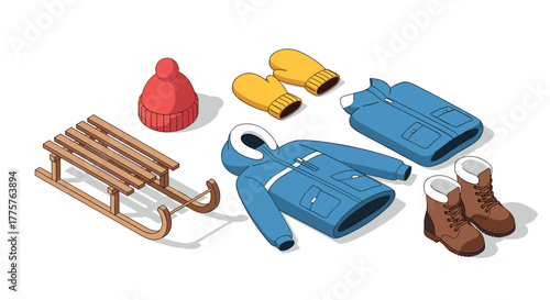 Winter clothing and sled isometric style illustration for seasonal themes