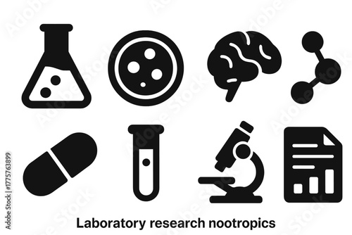 Nootropics Research Icons. Solid style icons of Laboratory Research on Nootropics: Lab Flask, Petri Dish, Brain Symbol, Chemical