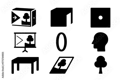 Optical Experiment Icons. Solid style icons of Optical Experiment: Camera Obscura, Dark Room, Pinhole, Projected Scene, Lens,