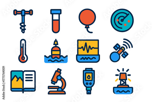 Antarctic Science Icons. Flat vector icons of Antarctic science: ice core drill, snow sample tube, weather balloon, radar scan,
