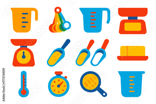 Vibrant Kitchen Tools. Flat vector icons of measuring tools: measuring cup with handle, stacked measuring spoons, glass measuring