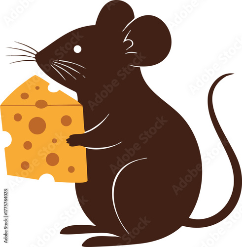 Mouse holding a piece of cheese vector illustration with brown color and simple design 