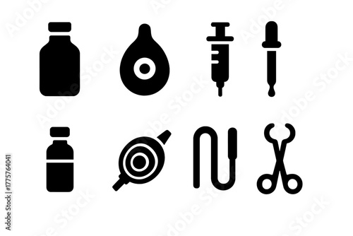 Early Anesthesia Icons. Solid style icons of Early Anesthesia: Ether Bottle, Mask, Syringe, Dropper, Vial, Bellows, Glass Tube,