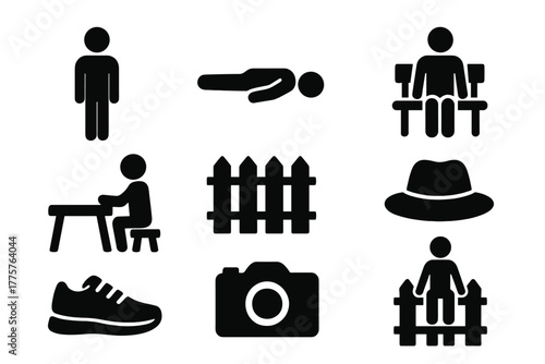 Trendy Outdoor Icons. Solid style icons of Trendy Outdoor Poses: Rigid Body, Face Down, Bench, Table, Fence, Hat, Shoes, Camera,