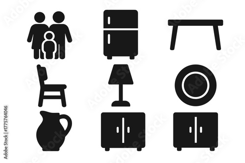Domestic Life Icons. Solid style icons of Domestic Life: Family, Kitchen, Icebox, Table, Chair, Lamp, Plate, Jug, Cabinet, No text